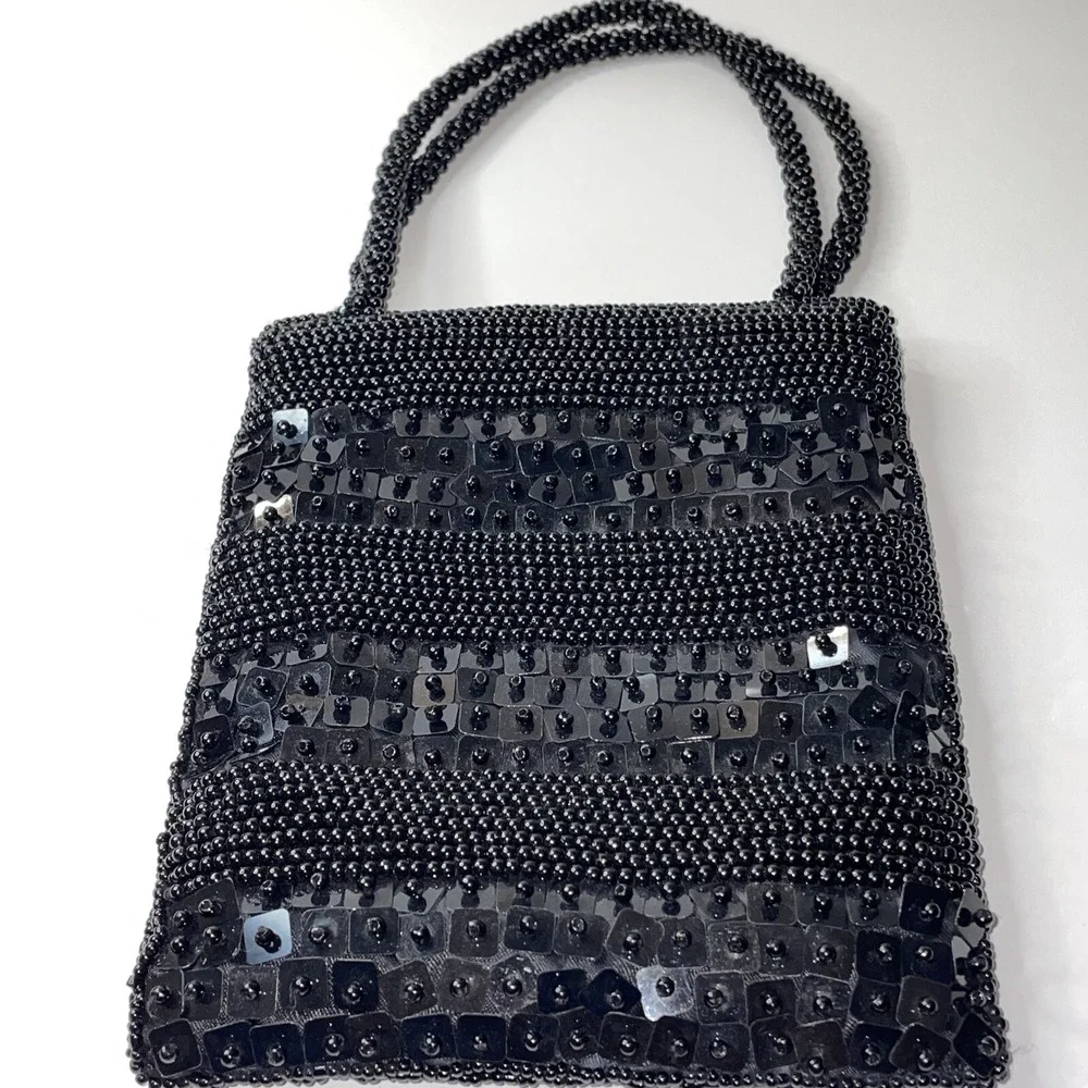 Vintage La Regale Black Beaded Hand‎ Made Purse Evening Cocktail Bag READ! AL4